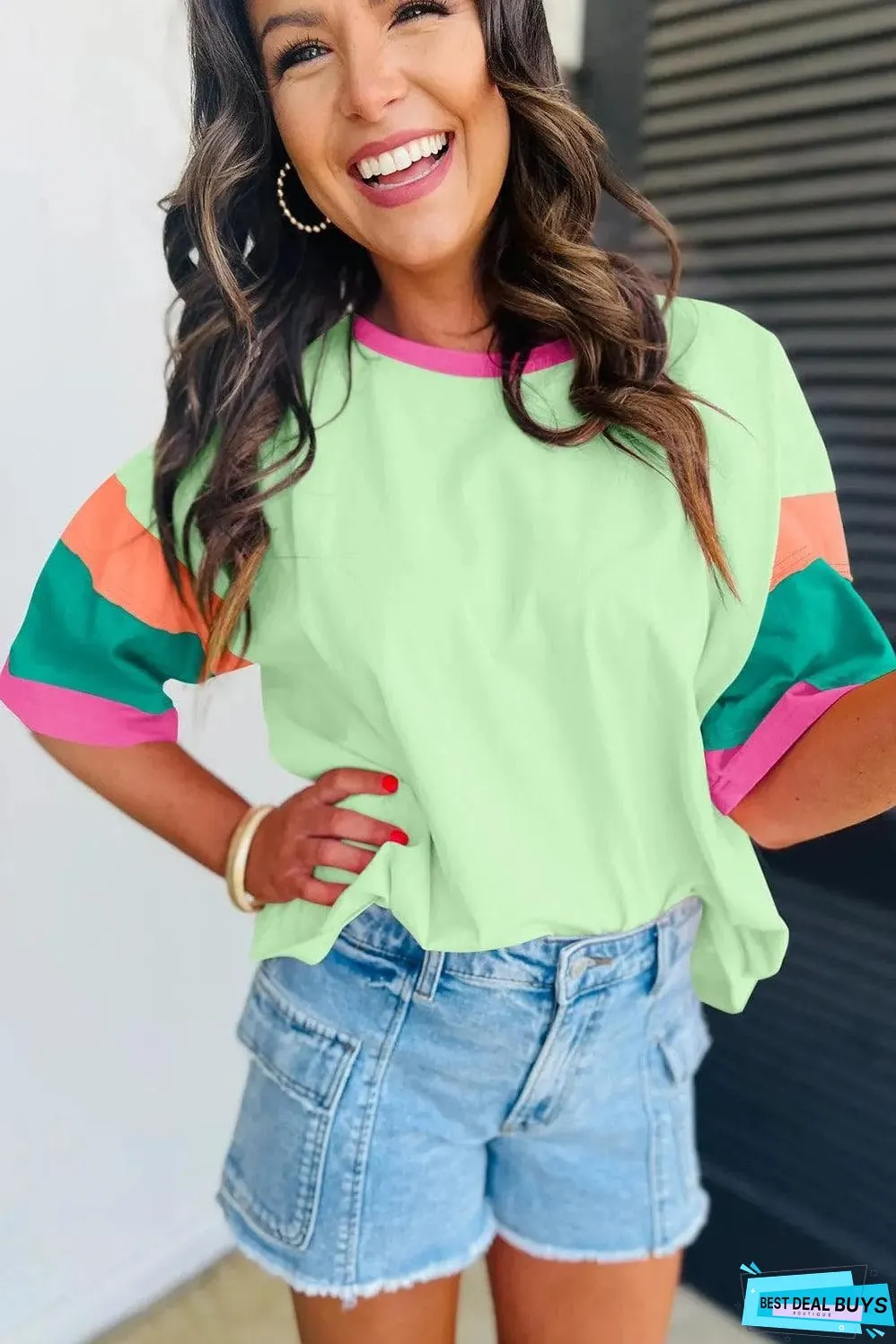 Green Color Block Stitching Sleeve Round Neck Oversize Top