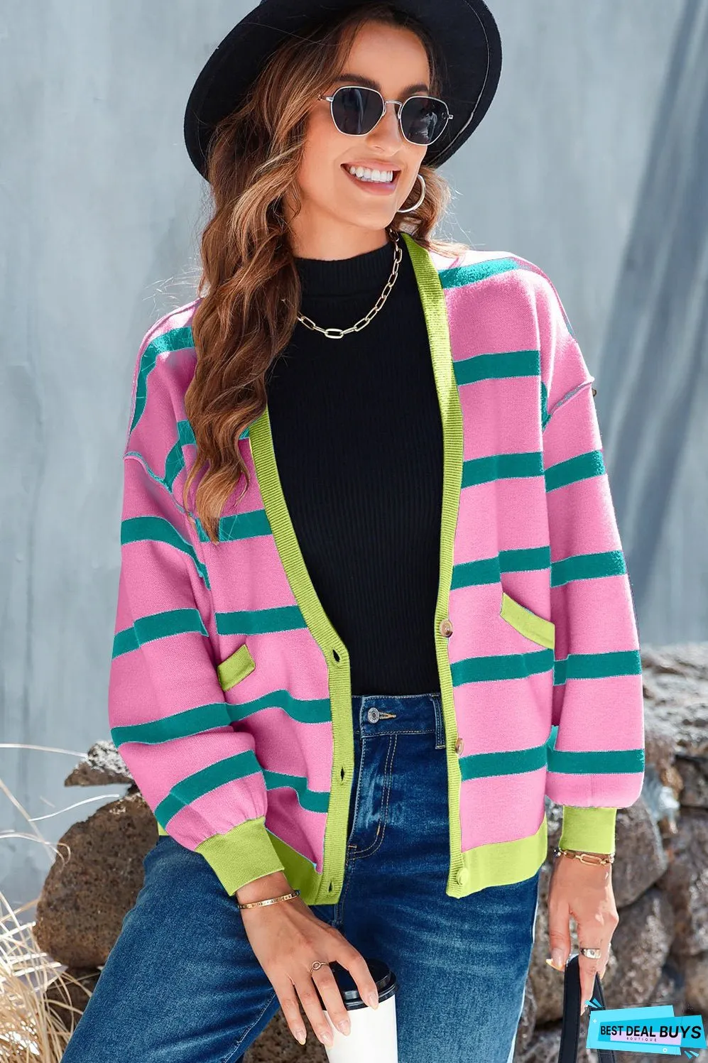 Striped Button Up Long Sleeve Cardigan