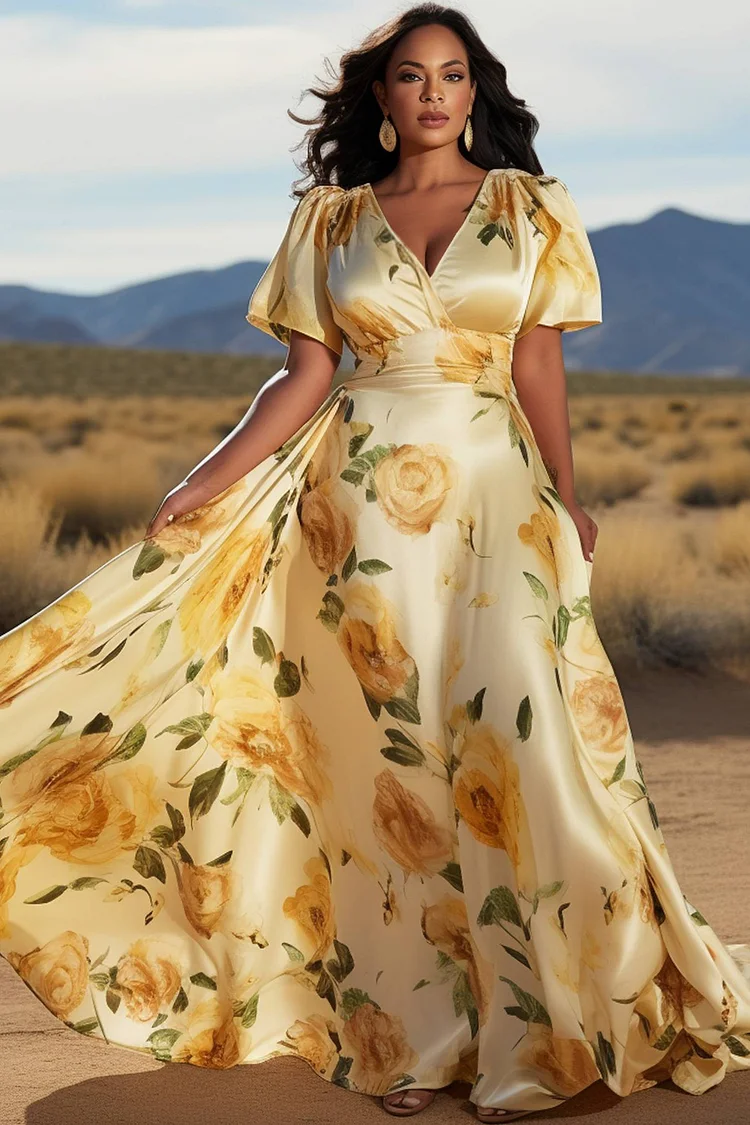 Flycurvy Plus Size Yellow Wedding Guest Satin Floral Print Wrap Neck High Waist Maxi Dress  Flycurvy [product_label]