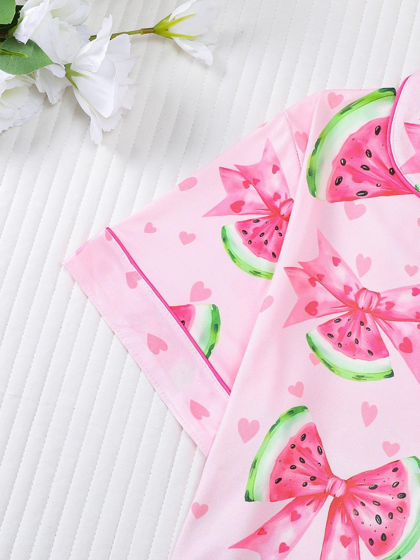 Women's 2-Piece Waffle Printed Sleepwear Set, Pajama Set, Short Sleeve Button-Up Top & Elastic Shorts, Casual All-Season Home Wear
