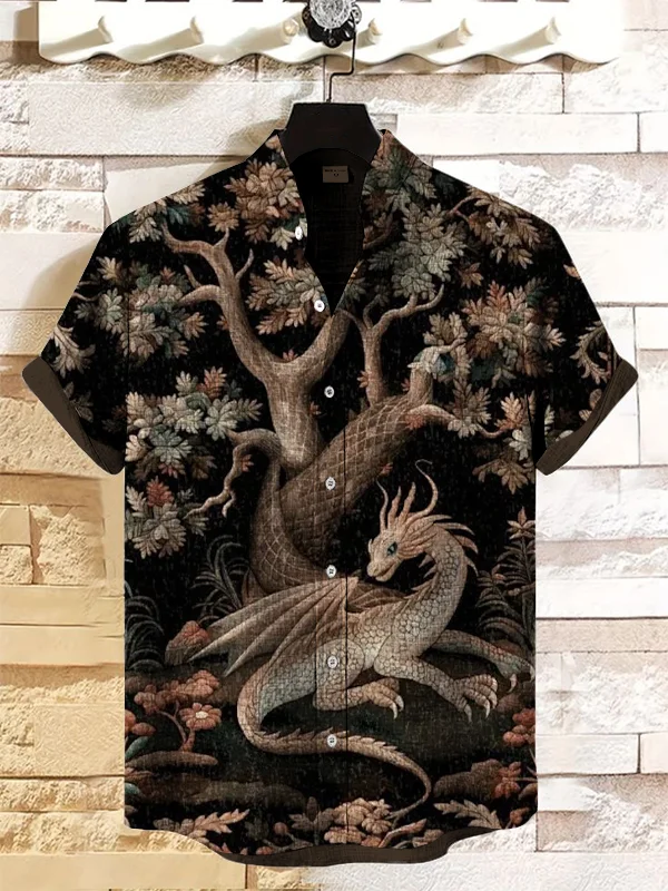 Men's Medieval Aesthetic Dragon Art Print Linen Blend Shirt