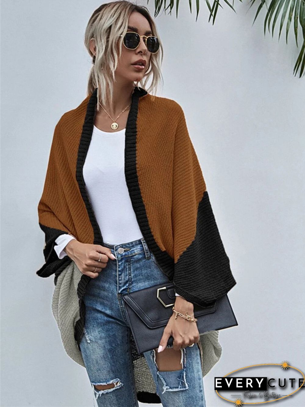 Contrast Shawl Knitted Cardigan Sweater