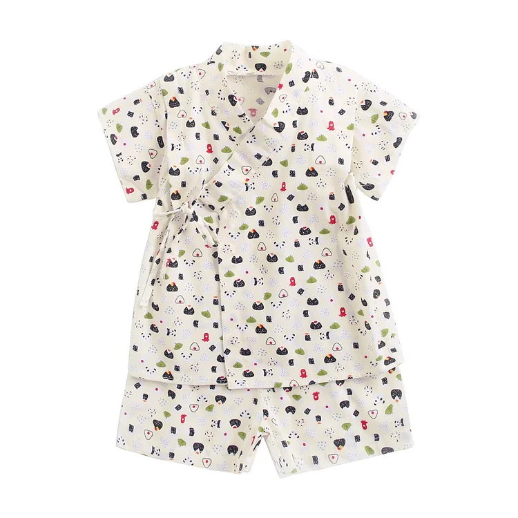 Baby Boy/Girl Summer Fashion Allover Mini Panda and Rice Ball Print Pattern Side Strap Short Sleeve T-shirt and Shorts Set