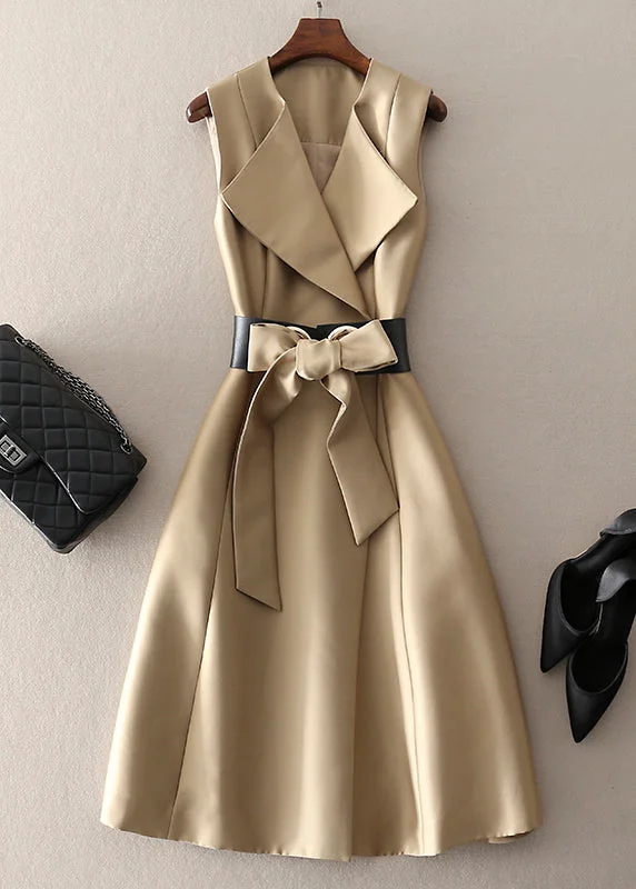 Bohemian Khaki Peter Pan Collar Bow Cotton Dress Sleeveless Summer