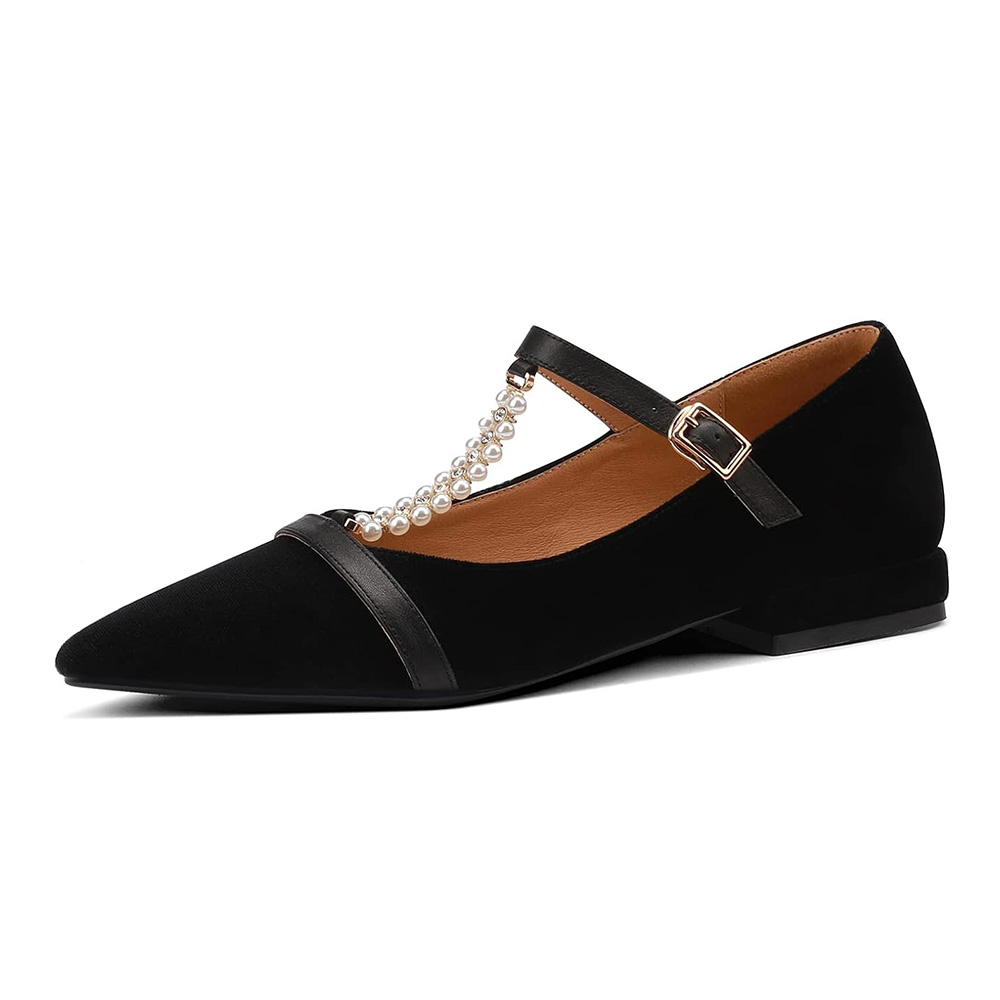 Black Pointed Toe T-Strap Women's Flats with Pearls and Buckle