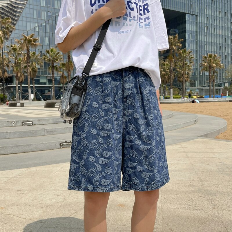 printing Baggy Denim Shorts Mans Summer New Fashion Street Knee-length Jean Male Cotton Straight Loose Wide Leg Short Jeans