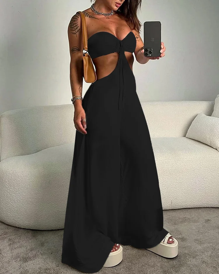 Sleeveless Tube Hollow Solid Color Jumpsuit