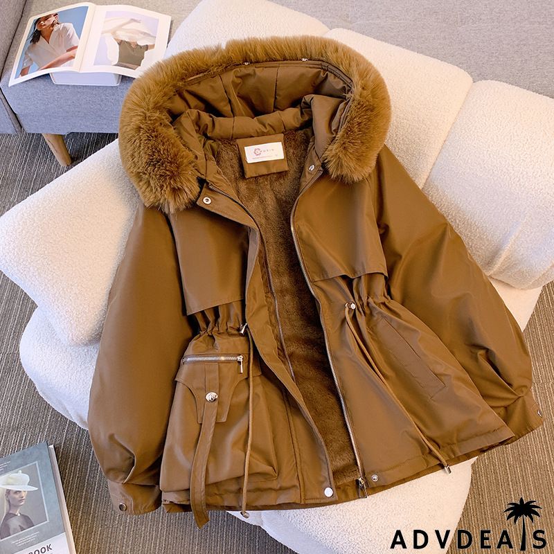 Parker Women Winter Down Cotton-Padded Jacket Fashion Fleece-Lined Thick Fur Collar Hooded One-Piece Coat