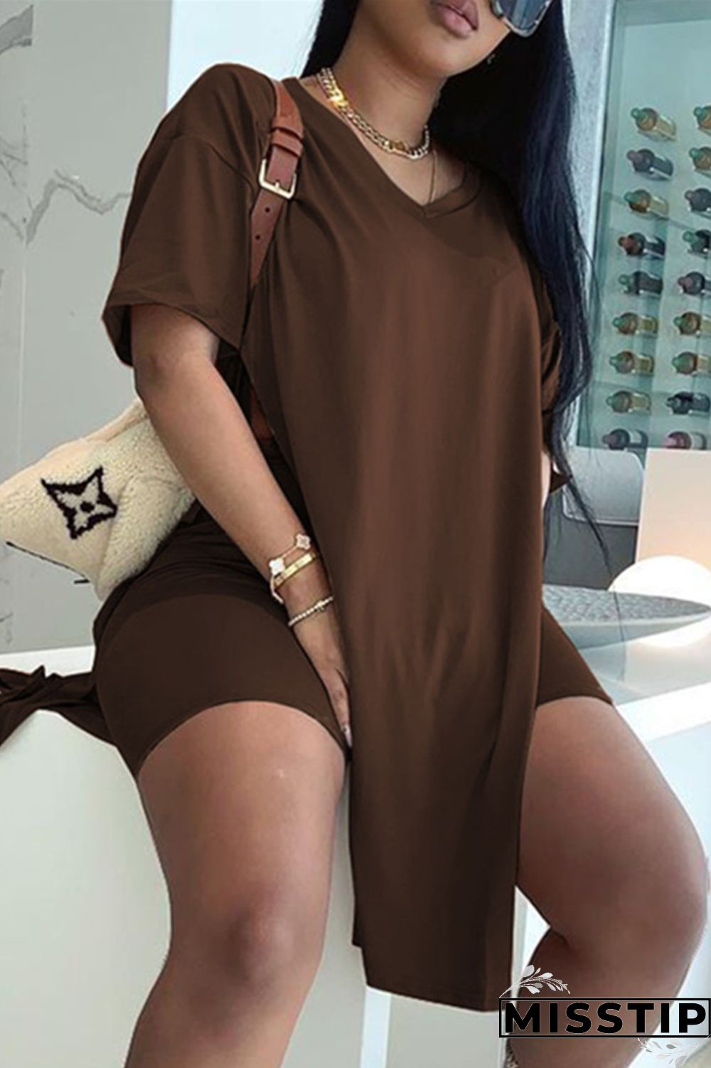 Khaki Fashion Casual Solid Slit V Neck Short Sleeve Two Pieces