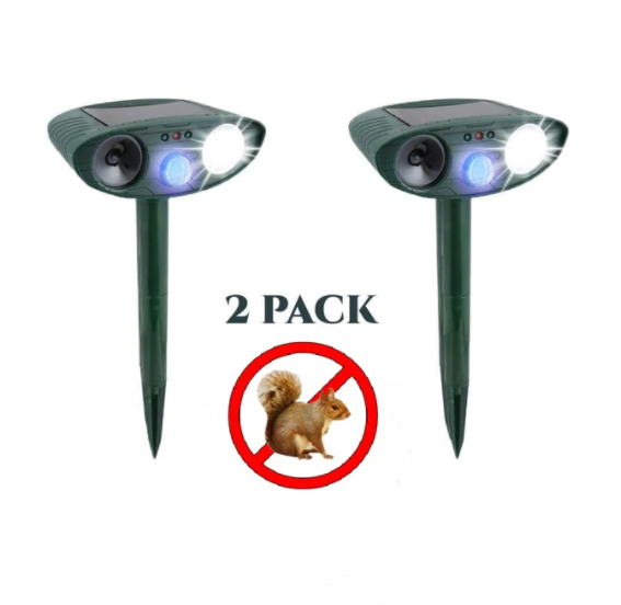 Ultrasonic Squirrel Repeller - PACK of 2 - Solar Powered - Get Rid of Squirrels in 48 Hours
