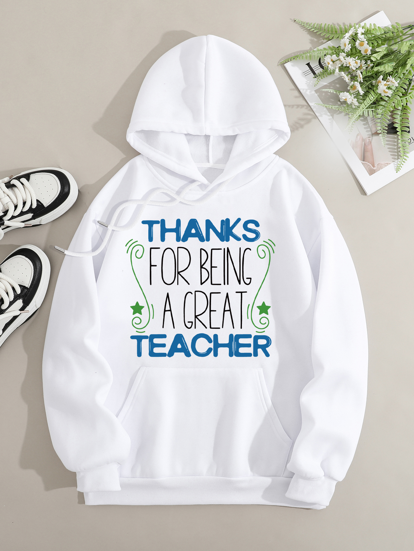 Printed on front Kangaroo Pocket Hoodie Long Sleeve for Women Pattern Thank you teacher