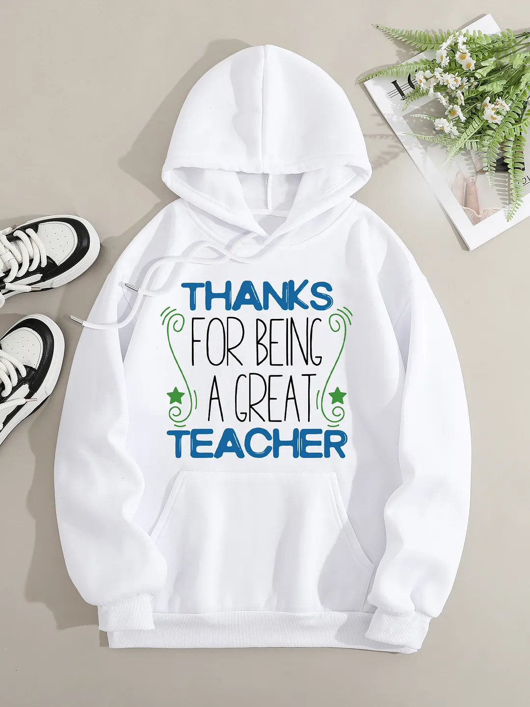 Printed on front Kangaroo Pocket Hoodie Long Sleeve for Women Pattern Thank you teacher