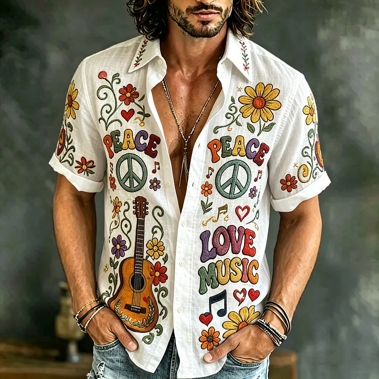 Men's Hippie Music Floral Print Short Sleeve Shirt