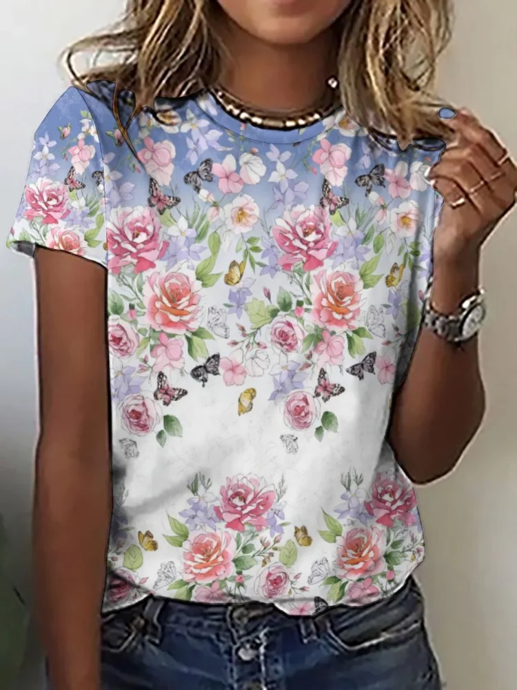 Printed Short Sleeve Casual T-shirt for  Women and Men Unisex Pattern Floral, Blue, Pink