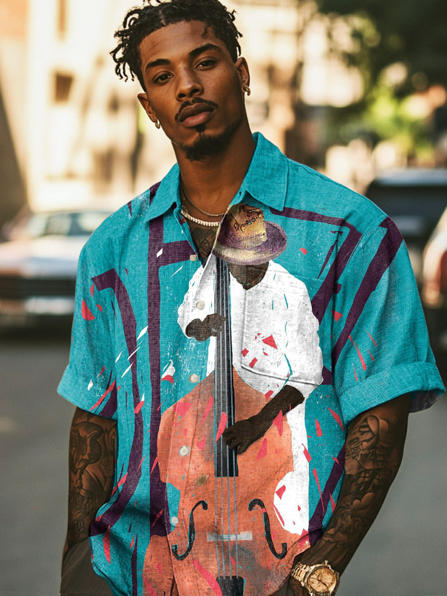 Artistic Creativity Jazz Cellist Vintage Print Casual 100% Cotton Shirt