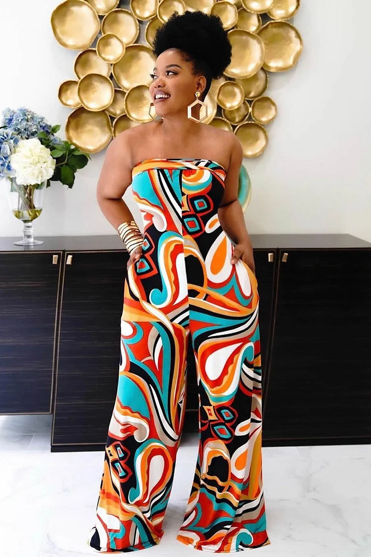 Strapless Boho Print Cinch Waist Vacation Wide Leg Jumpsuit-Multicolor