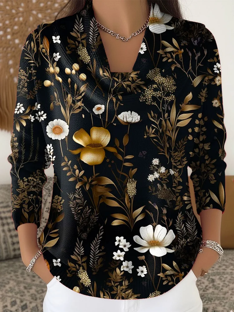 Women's Floral Art Print Cowl Neck Sweater