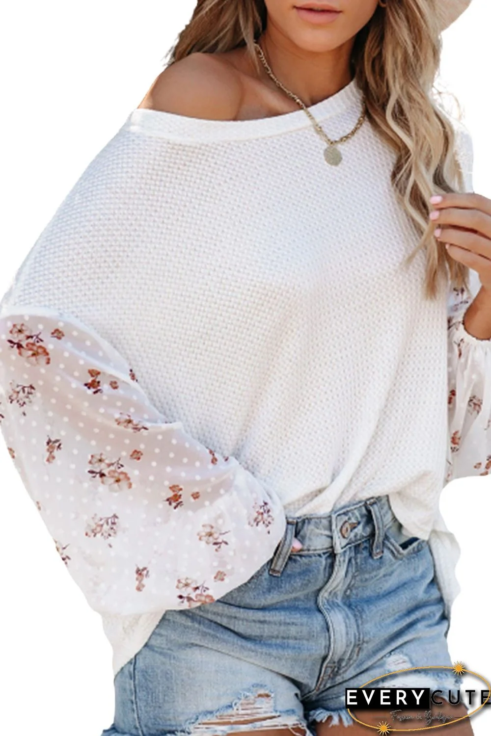 White Blossom Contrast Swiss Dot Knit Top