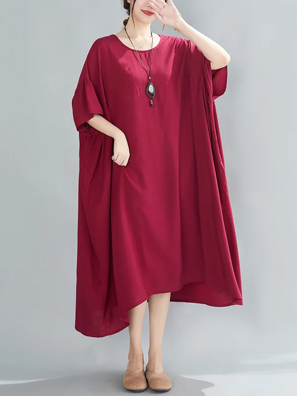 Minimalist Casual Roomy Pure Color Batwing Sleeves Midi Dress