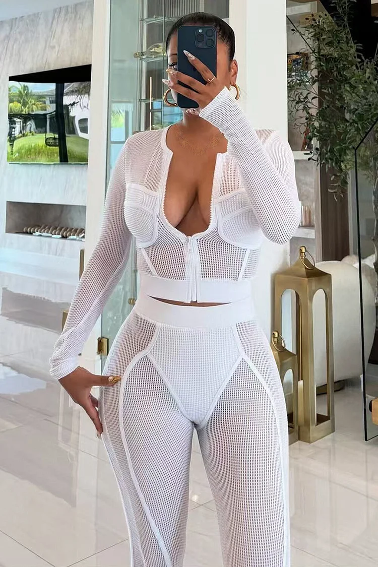 See Through Mesh Long Sleeve Crop Top Slim Fit Pants Matching Set-White