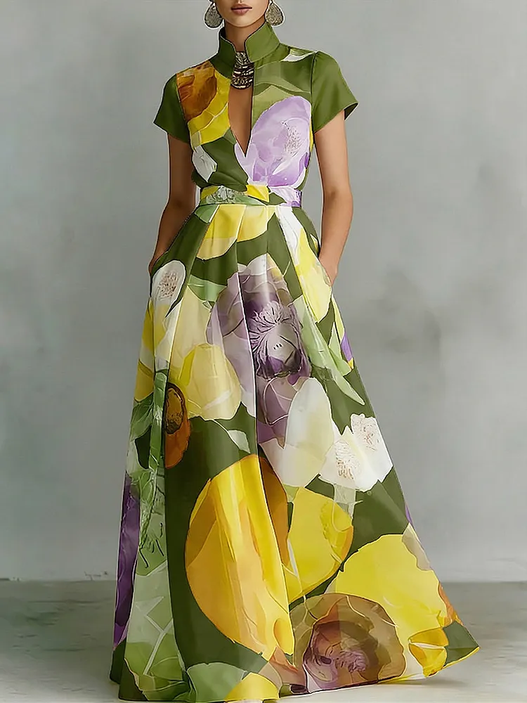 Elegant Stand-collar Floral Print Maxi Dress