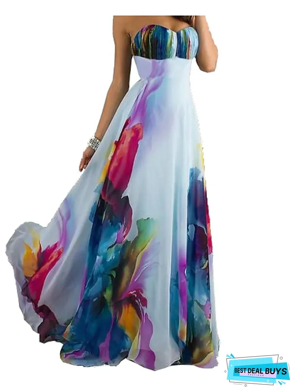 Women's Maxi White Dress Sexy Summer Vacation Beach Chiffon Swing Floral Strapless Print High Waist