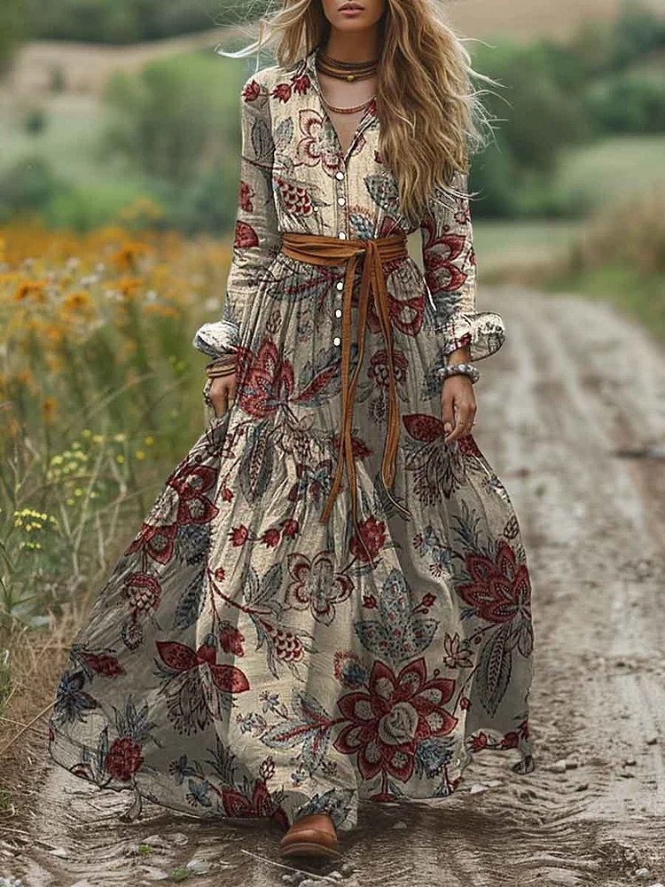 Women's Lapel Vintage Print Pocket Cotton A-Line Dress