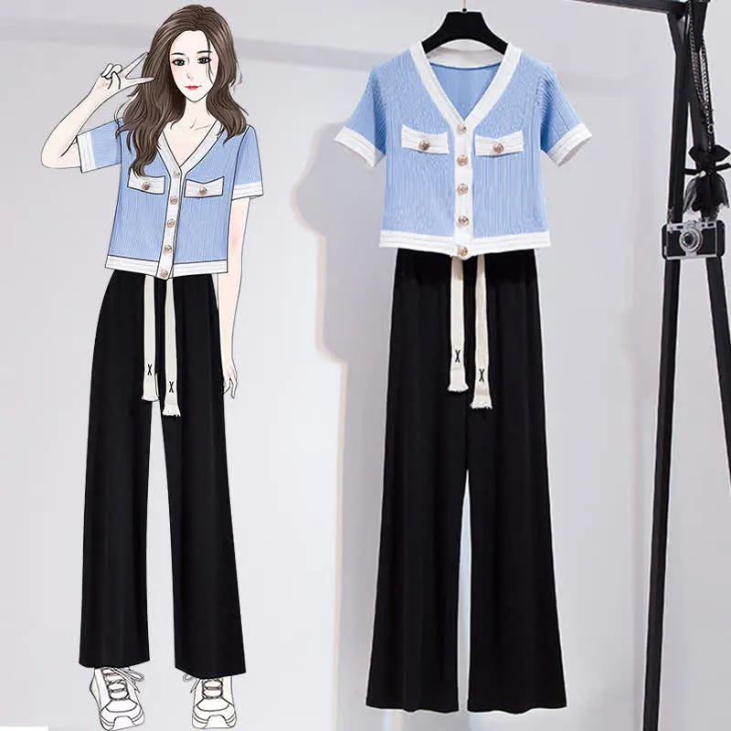 V-neck Cardigan Crop T-Shirt Drawstring Casual Pants