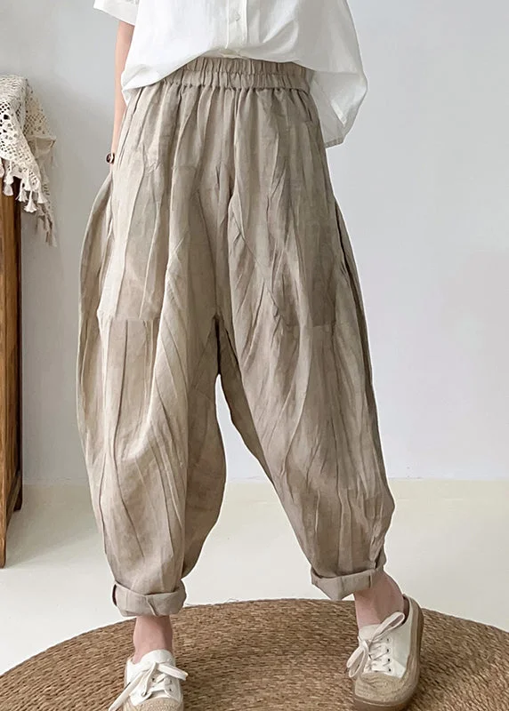 Khaki Tie Dye Linen Harem Pants Oversized Wrinkled Fall