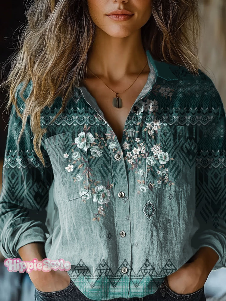 Women’s Green Gradient Diamond Flowers Art Print Casual Long Sleeve Comfortable Cotton Shirt