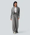 2026🔥 Halara Ribbed SoCinched High Waisted Tummy Control Drawstring Wide Leg Color Block Casual Trousers with Pockets
