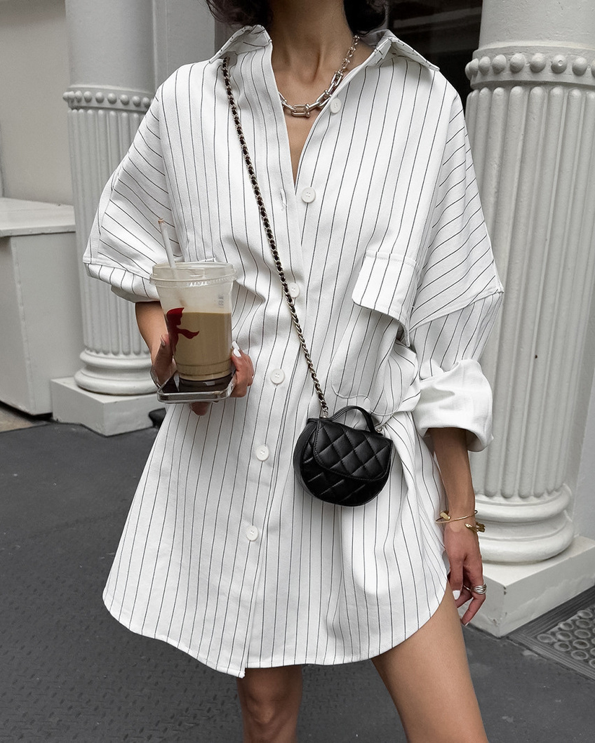 Vertical Stripe Large Pockets Long Sleeve Oversize Shirt
