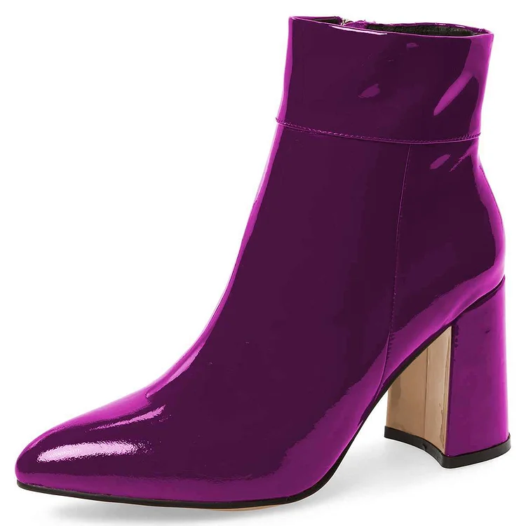 Purple Patent Leather Chunky Heel Boots Ankle Boots |FSJ Shoes