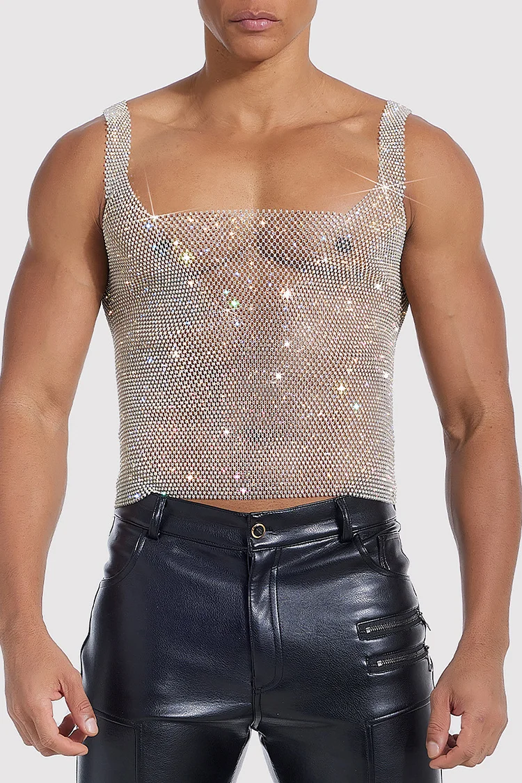 Ciciful Unisex Rhinestone Mesh See Through Square Neck Festival Tank Top