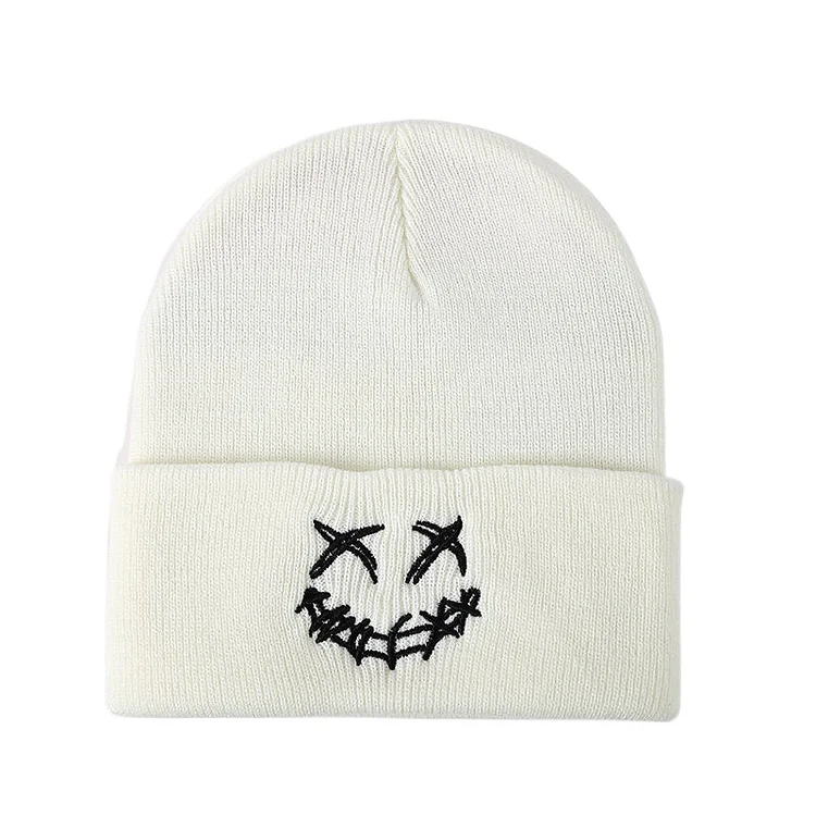 Fashion Smiley Embroidered Solid Color Knitted Hat
