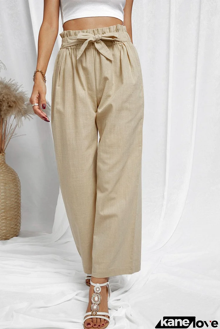 Khaki Casual High Rise Paperbag Waist Wide Leg Pants