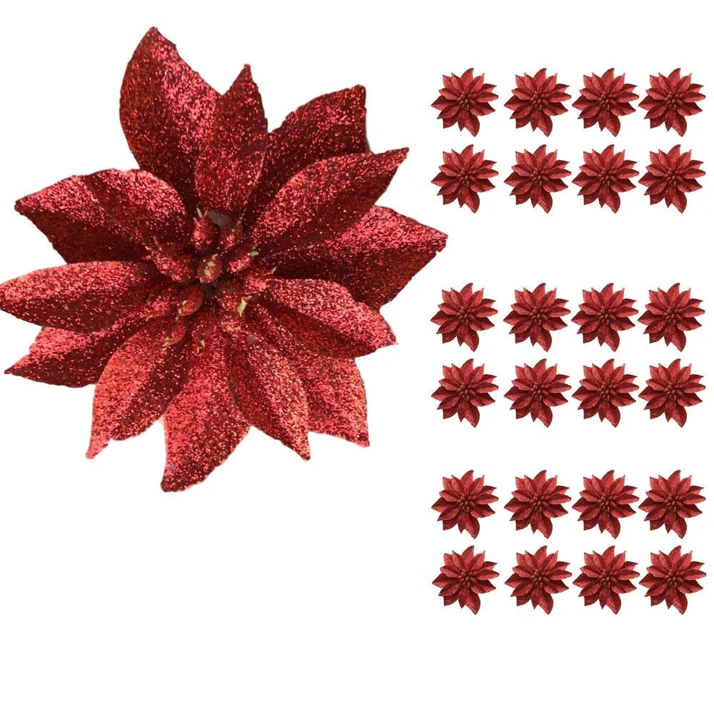 Artificial Poinsettia Flowers - Set of 24 – 3 ¾” Red Glittered Poinsettia Clip On Ornaments - Christmas Decorations - Decorative Floral Accessories