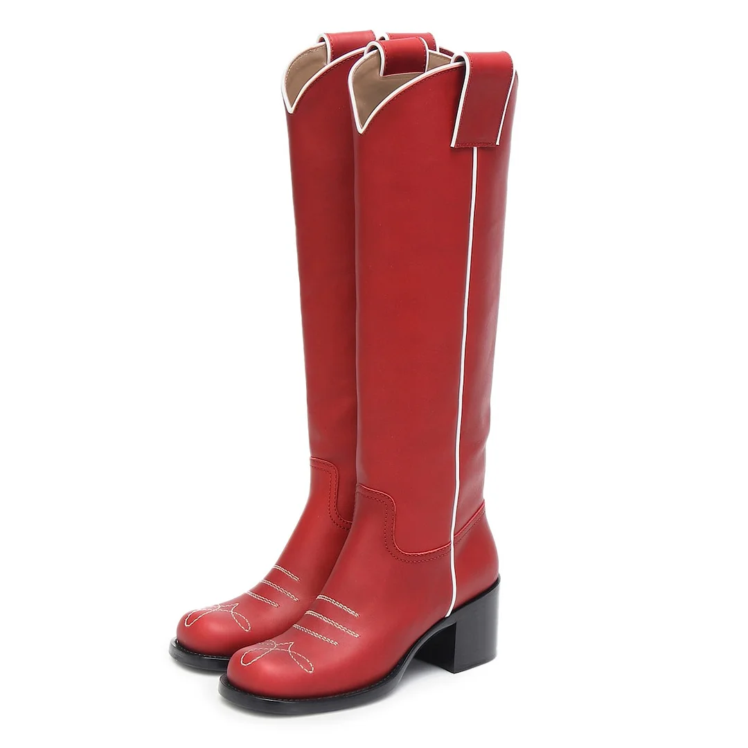 Women's Red Round Toe Block Heel Slip On Knee-High Cowgirl Boots