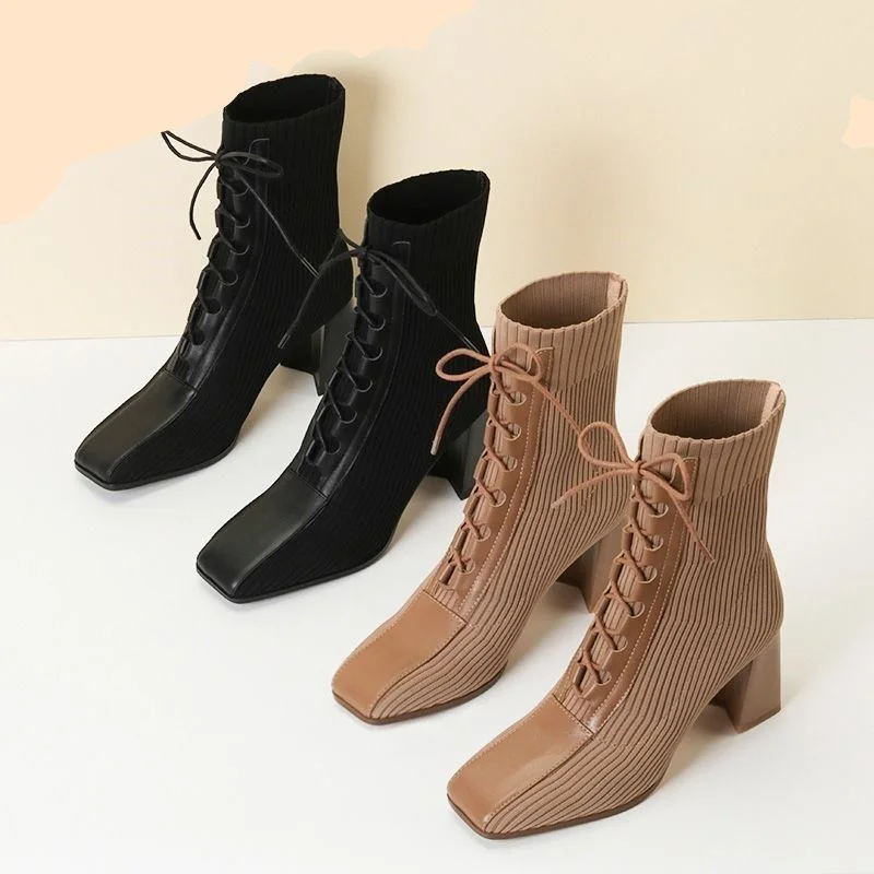miaoguan 2021 Autumn Winter New Fashion Stitching Knitted Elastic Stockings Boots High-heeled Short Boots Women's Square Toe 39