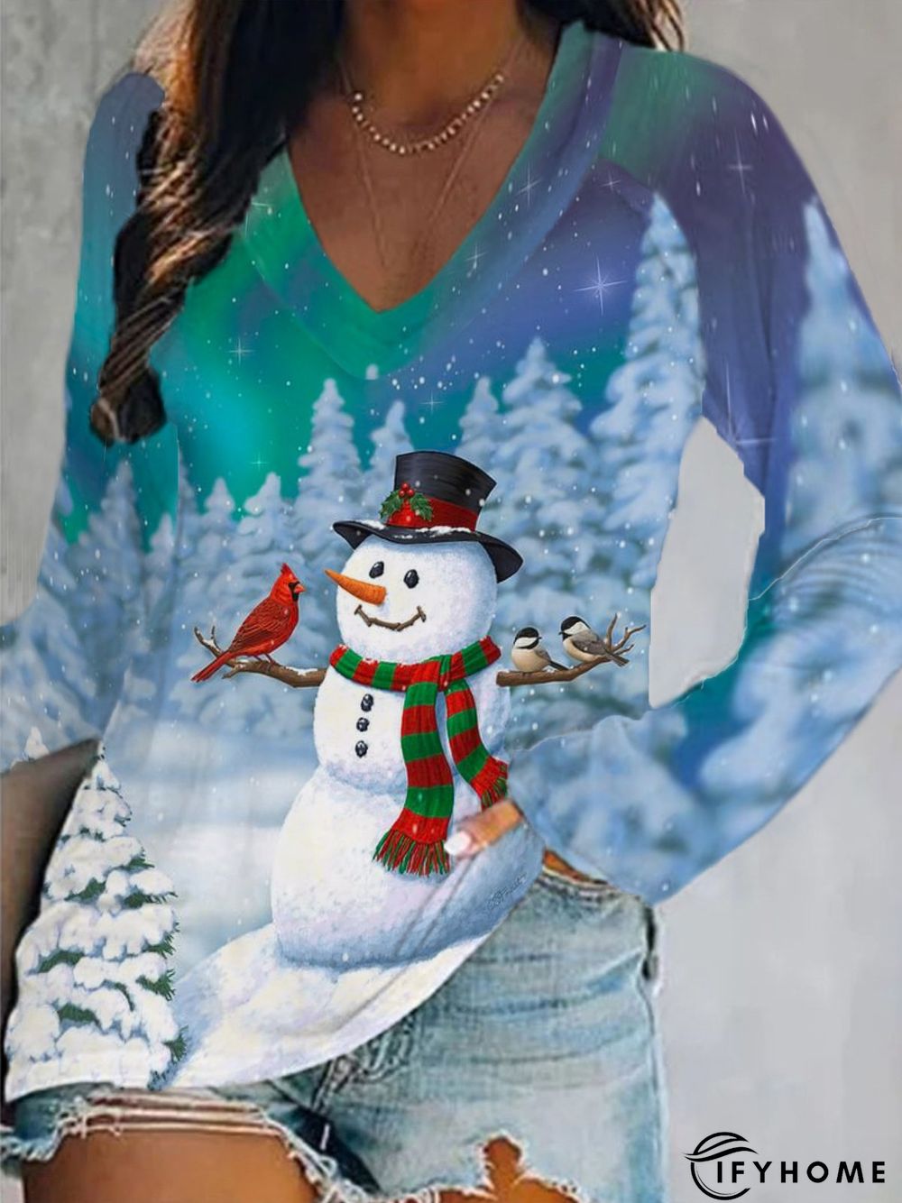 Christmas Casual V Neck Long Sleeve Tunic T-Shirt | IFYHOME