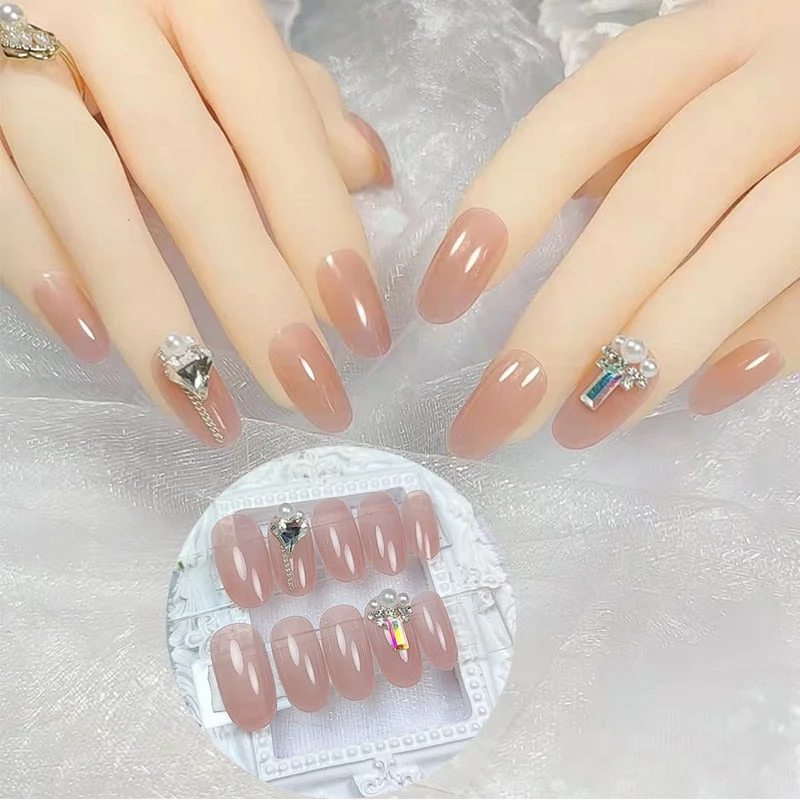 24Pcs/box Full Cover Short round press on nails Pink Dripping Shape Heart Bride nail tips Wearable Fake Nail with Glue for girls-Nail Inspo