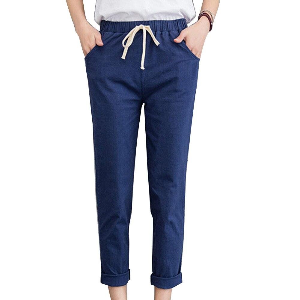 New Women Casual Spring Autumn Big Size Long Trousers Solid Elastic Waist Cotton Linen Pants Ankle Length Solid Color Haren Pant