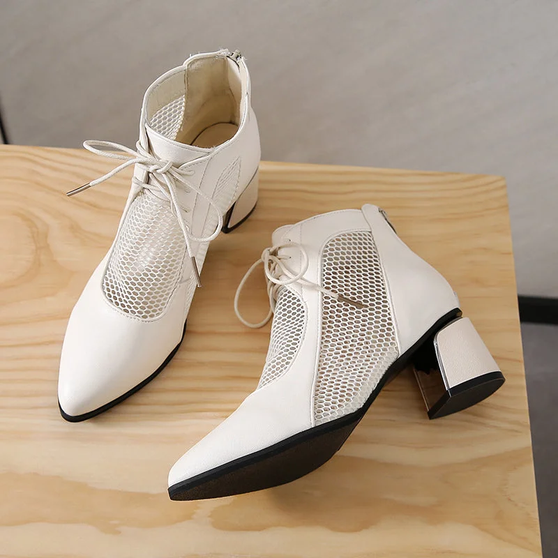 2022 Summer Sexy Black Ankle Boots For Women Mesh Breathable High Heels Botas De Mujer Pointed Toe Thick Heeled Sandals