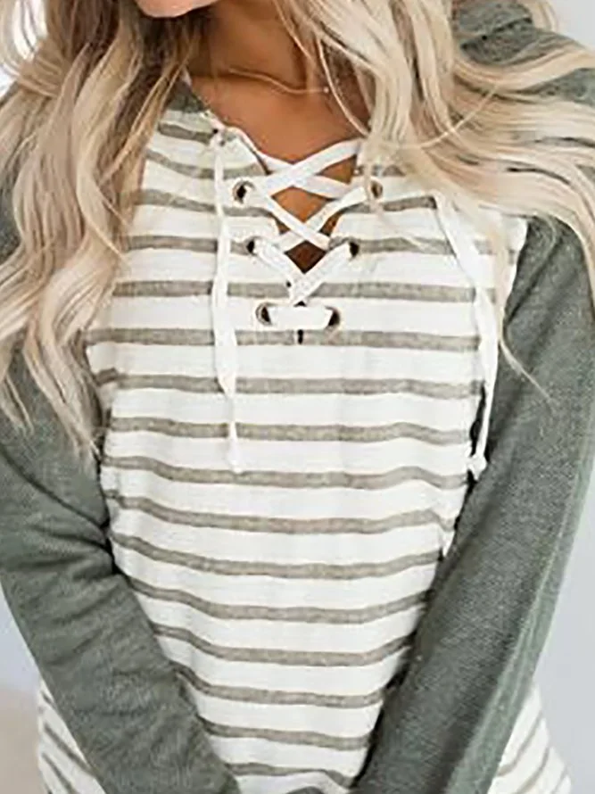 Green Long Sleeve Striped Lace-Up Shift Sweatshirt