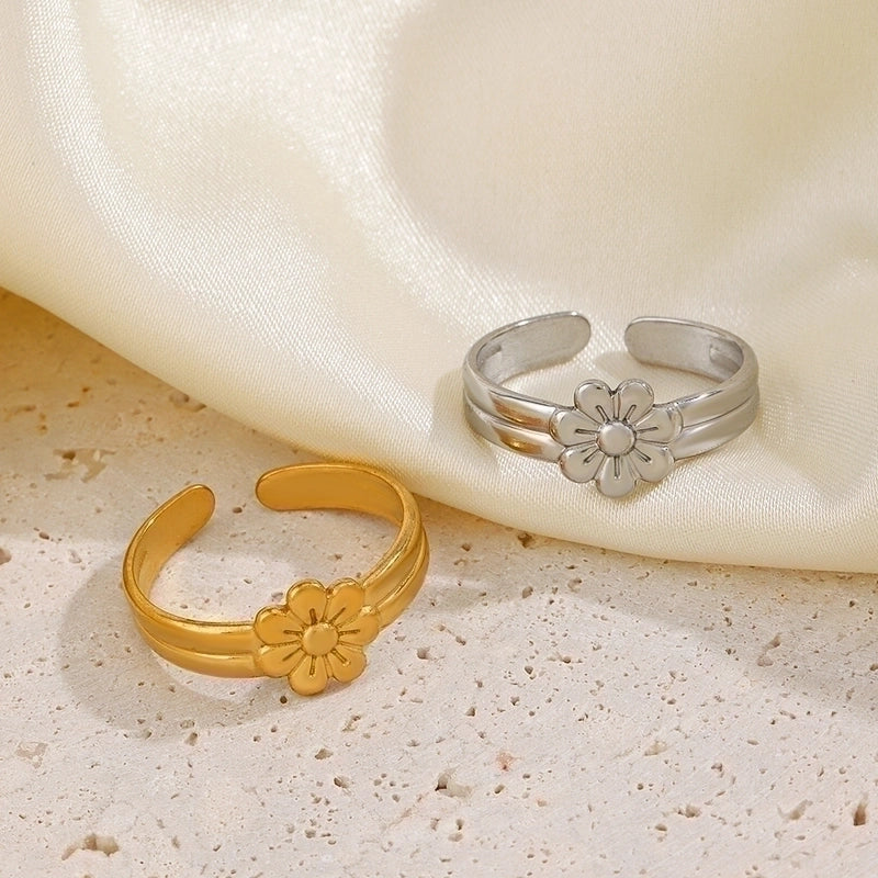 304 Stainless Steel 18K Gold Plated Minimalist Plating Flower Open Rings