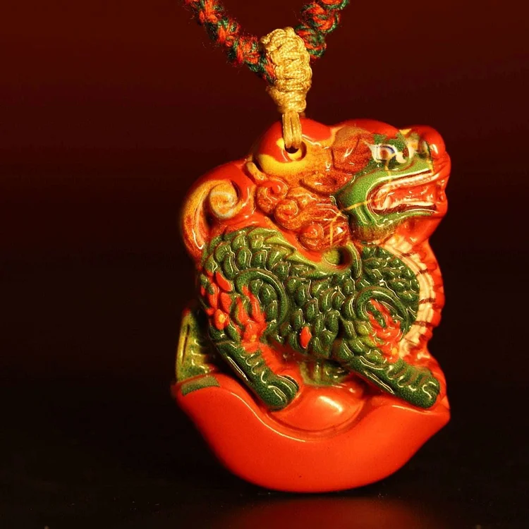 Thangka Buddha Cinnabar Kirin Amulet - Traditional Chinese Luck and Protection Pendant