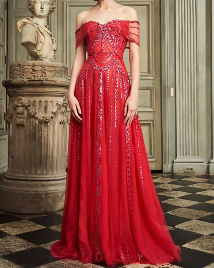 Heavily Beaded Tulle Evening Gown