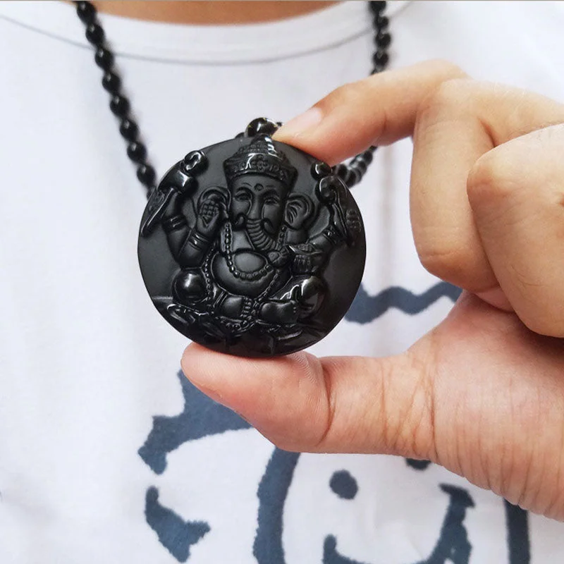 Black Obsidian Ganesh Ganpati Elephant Protection Pendant Necklace