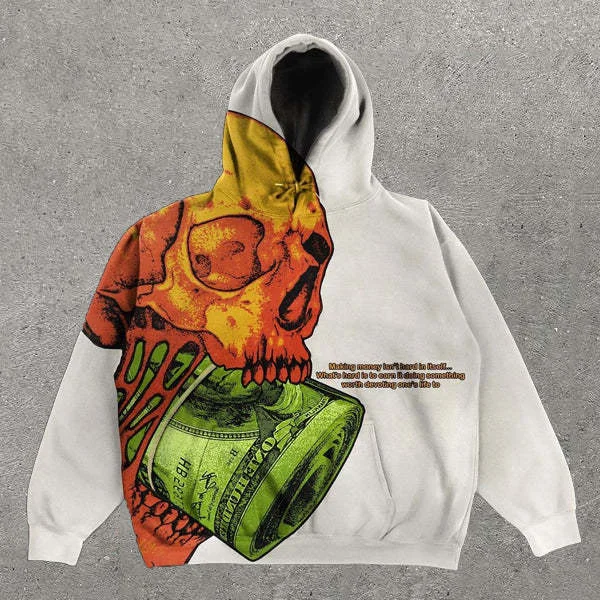 White Skull Lazy Street 3D Printing Loose Hooded long-sleeved Sweater Hoodie at Hiphopee