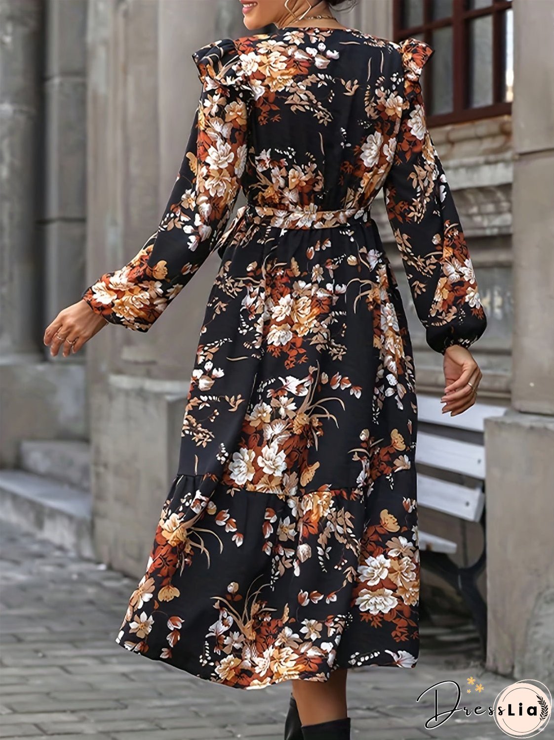 Ruffled Printed Surplice Long Sleeve Midi Dress